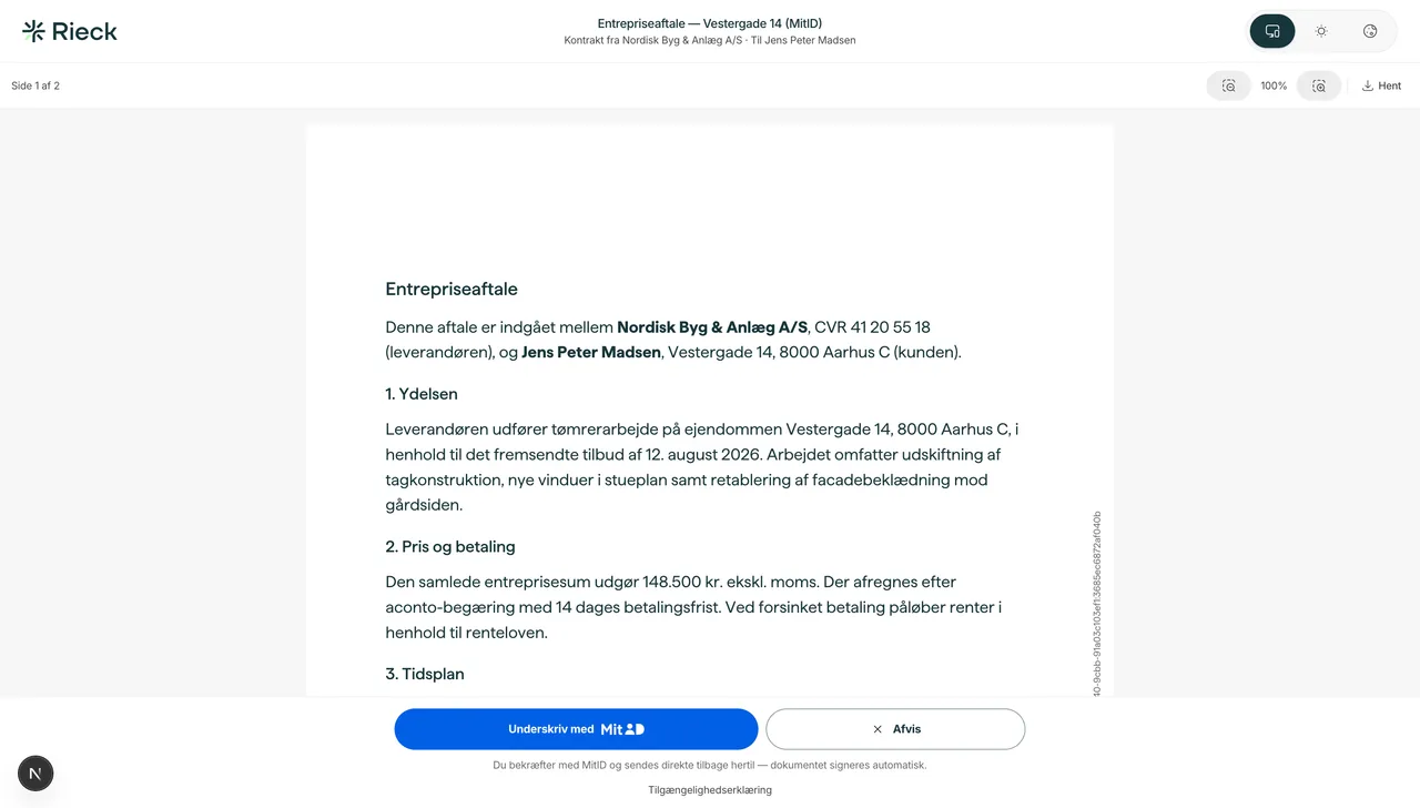 Skærmbillede fra Rieck Sign: aftalen, som modtageren ser den i sin browser. Hele dokumentet står i fuld tekst med knapperne "Underskriv med MitID" og "Afvis" nederst og noten om, at man bekræfter med MitID og sendes direkte tilbage, hvorefter dokumentet signeres automatisk.